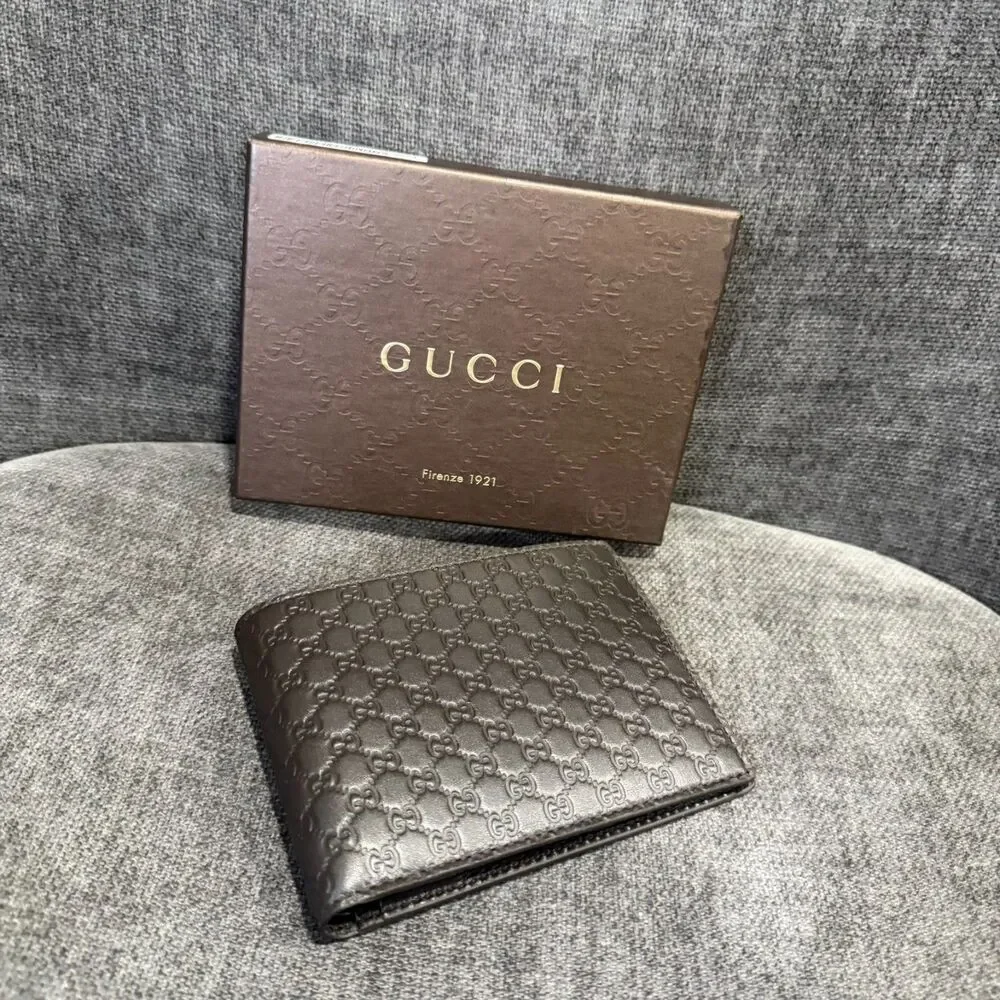 Gucci Micro Guccissima Brown Leather Bifold Wallet 496334 NEW